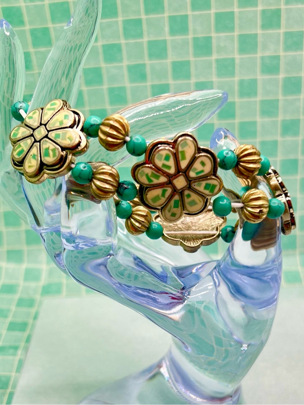 Vintage Southwestern Style, Turquoise Floral Statement Bracelet Boho Chunky